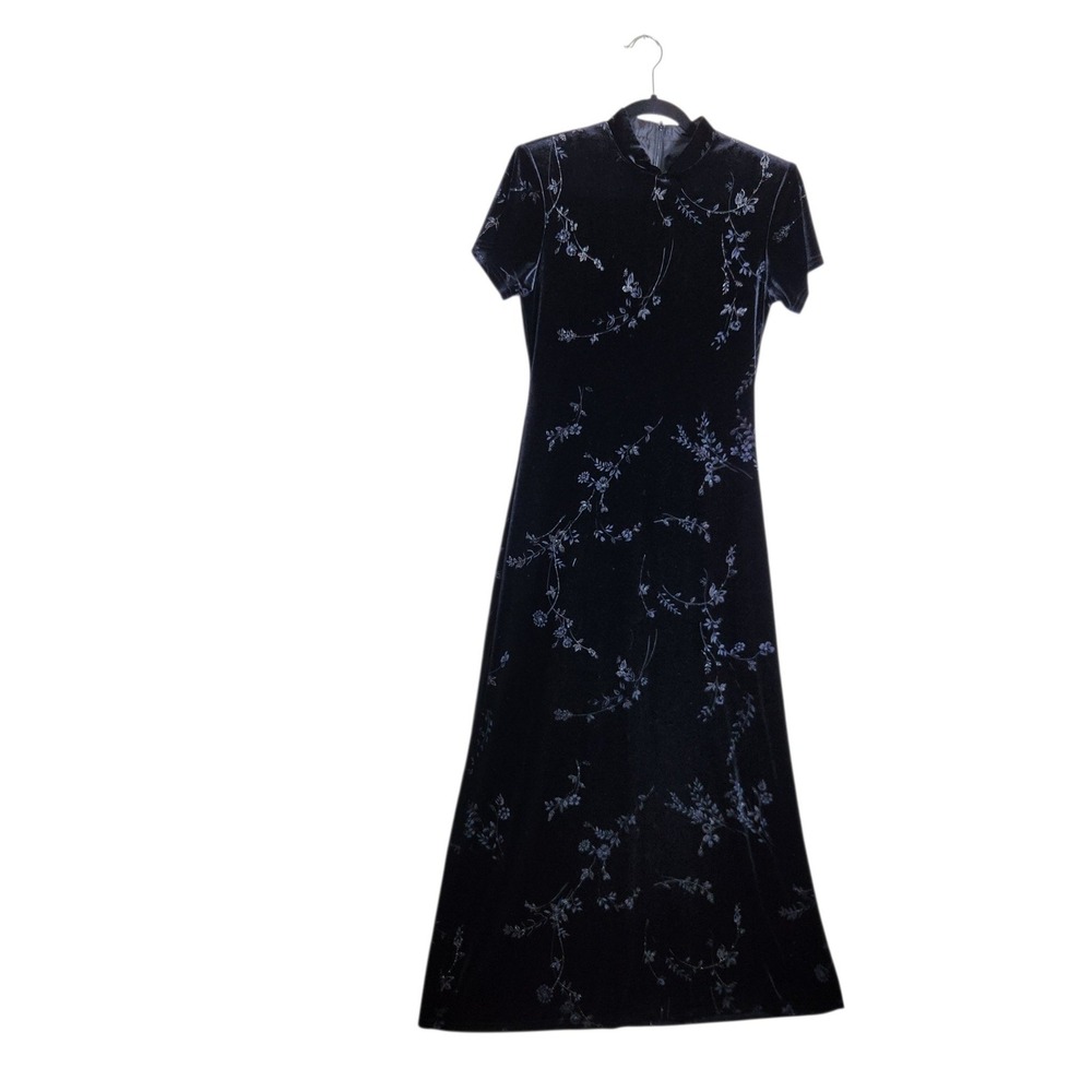 DJ & Co Dawn Joy Black Velvet Floral Glitter Maxi Dress Mock Neck Vintage Sz 5-6